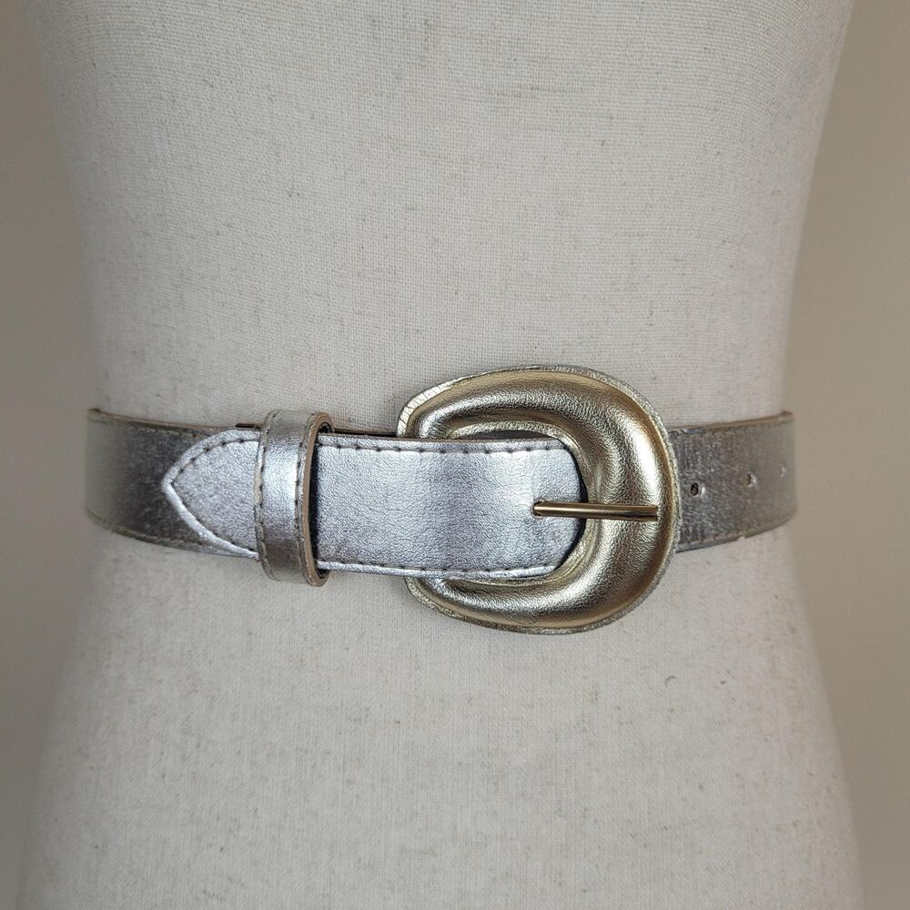 VTG A. BROD Belt Medium Silver Metallic Leather Sculptural Statement Futuristic